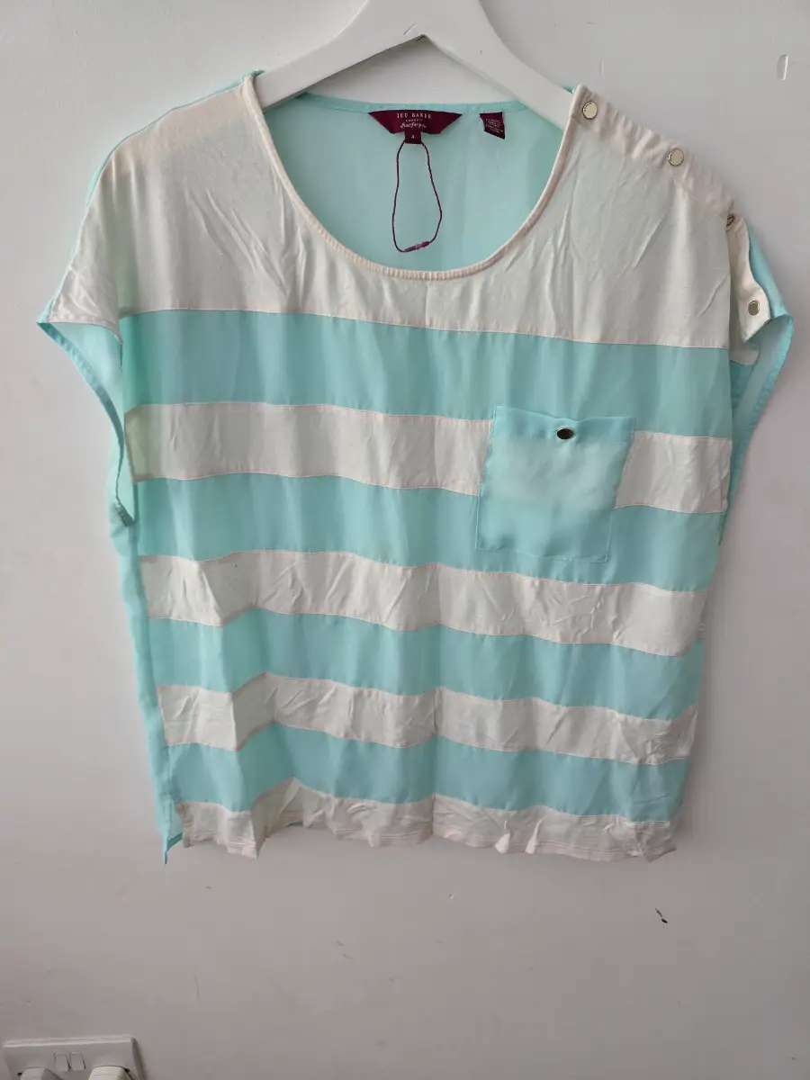 Ted Baker Mint & Ivory Striped Blouse UK 14 Gold Button Detail Elegant Summer Top
