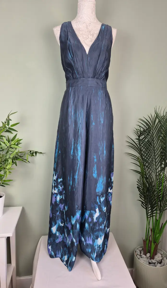Monsoon Silk Blend Wide Leg Jumpsuit UK 14 Blue Abstract Print Occasion Evening