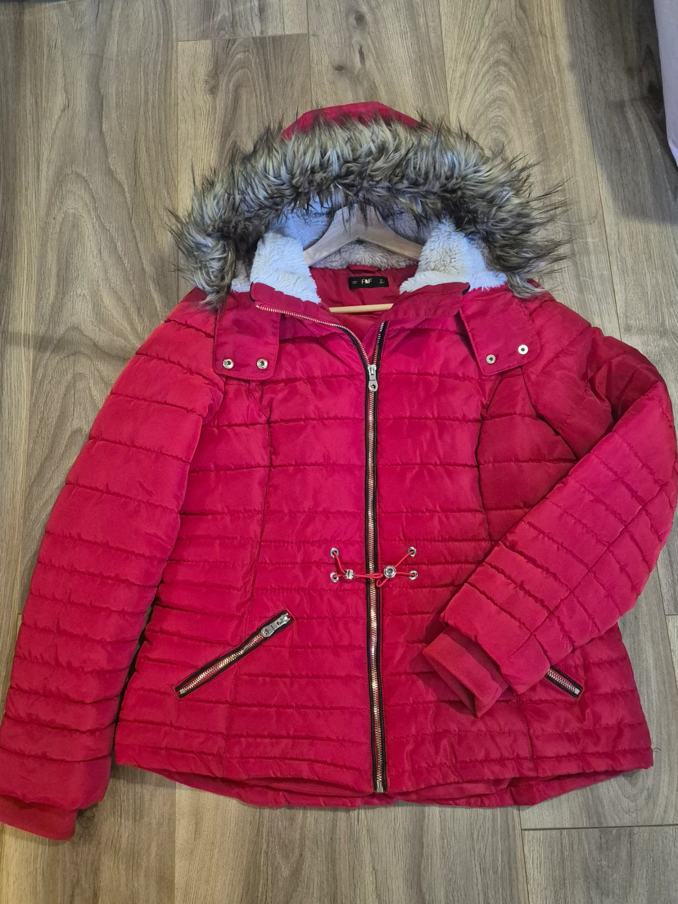 F&F Red Padded Puffer Coat with Fleece Lining and Faux Fur Hood 16 uk