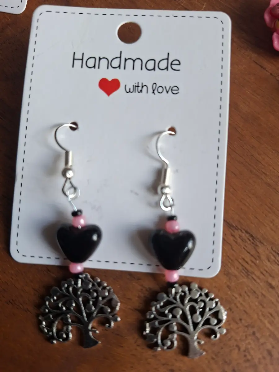 Earings heart black pink tree of life earings