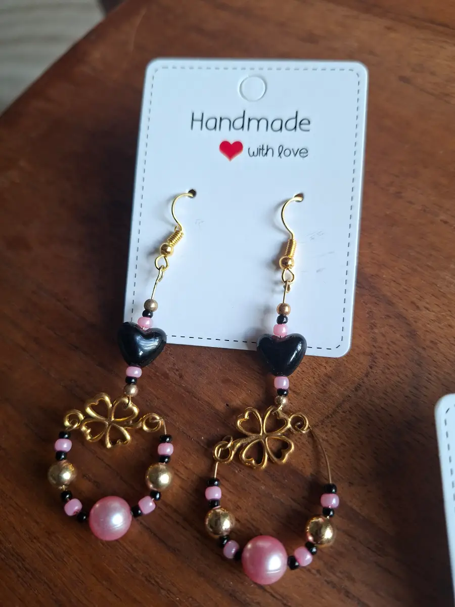 Earings clover leaf black hearts pink gold