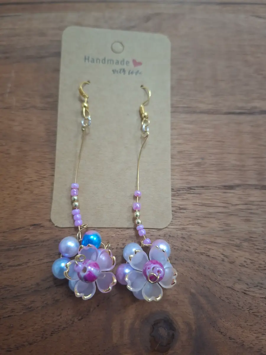 Flower dangle drop earings pink big flower