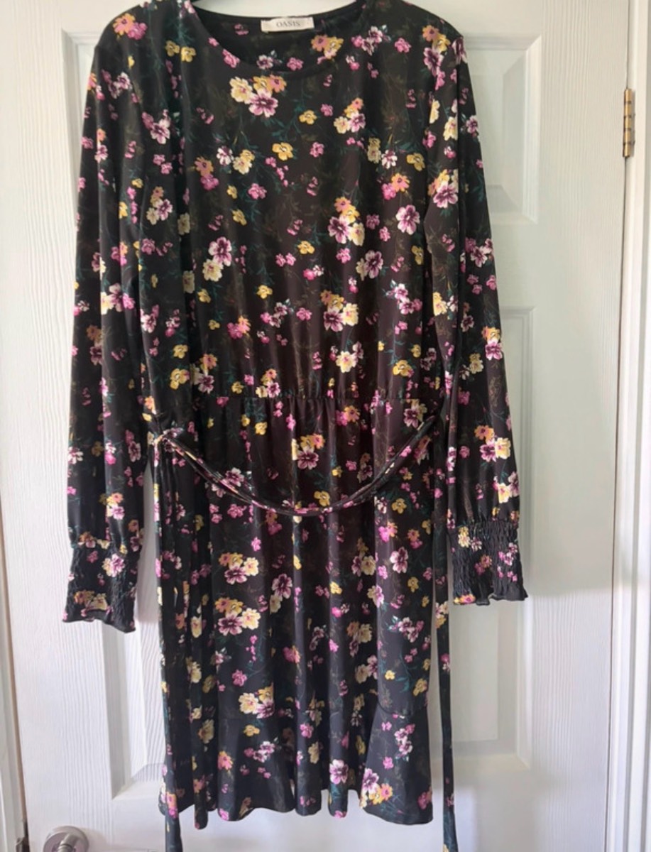 Black long sleeve pink / yellow floral oasis midi dress tie waist size L