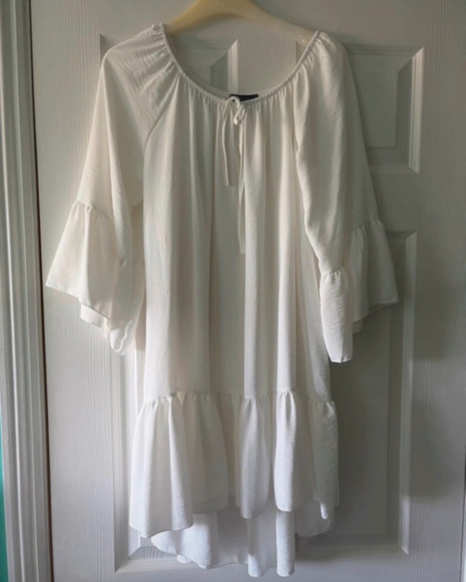 Blue vanilla white tunic top  with front tie neck flared / ruffled cuff one size