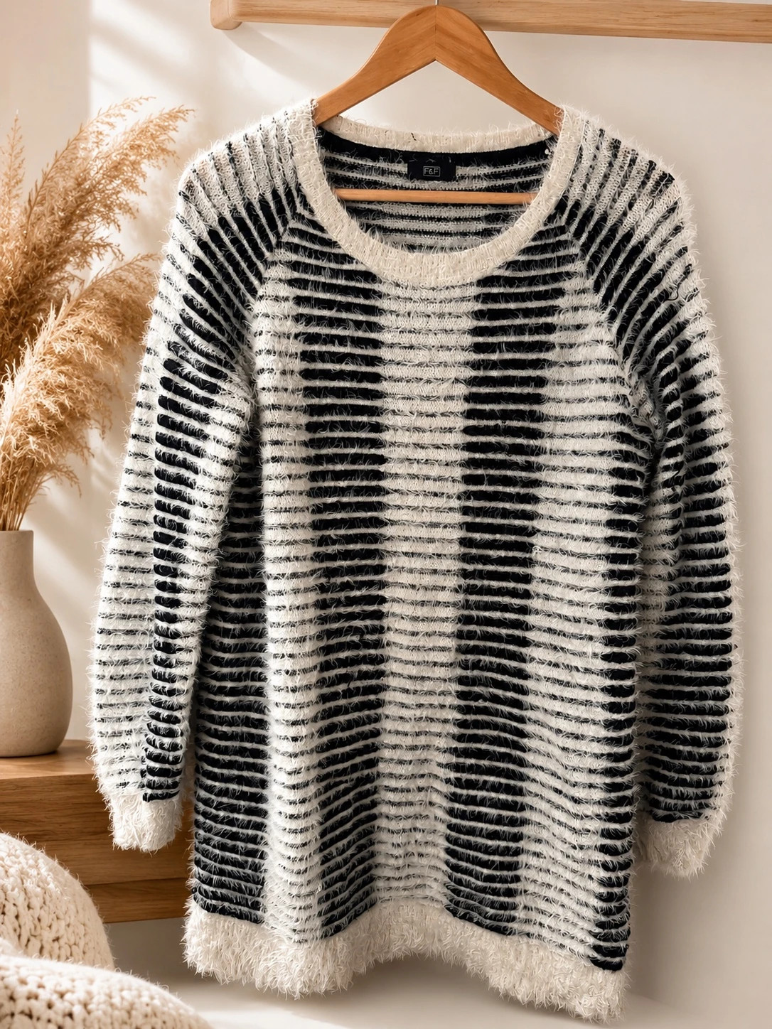 F&F Black & Cream Fluffy Striped Jumper – Size 14