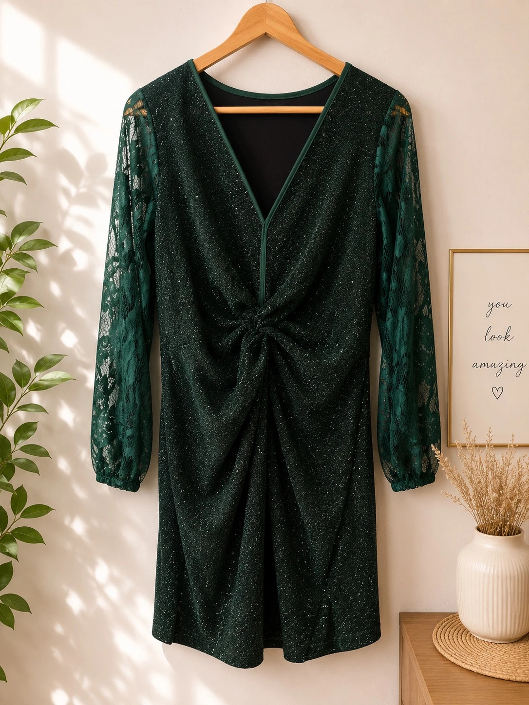 Emerald Green Sparkle & Lace Party Dress – Size XL