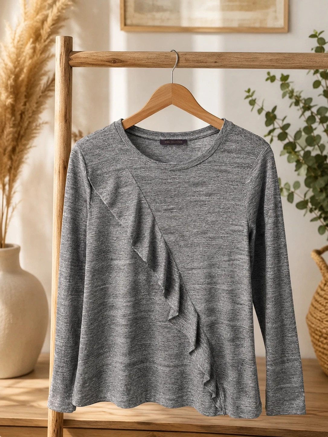 M&S Grey Ruffle Long Sleeve Top – Size 10