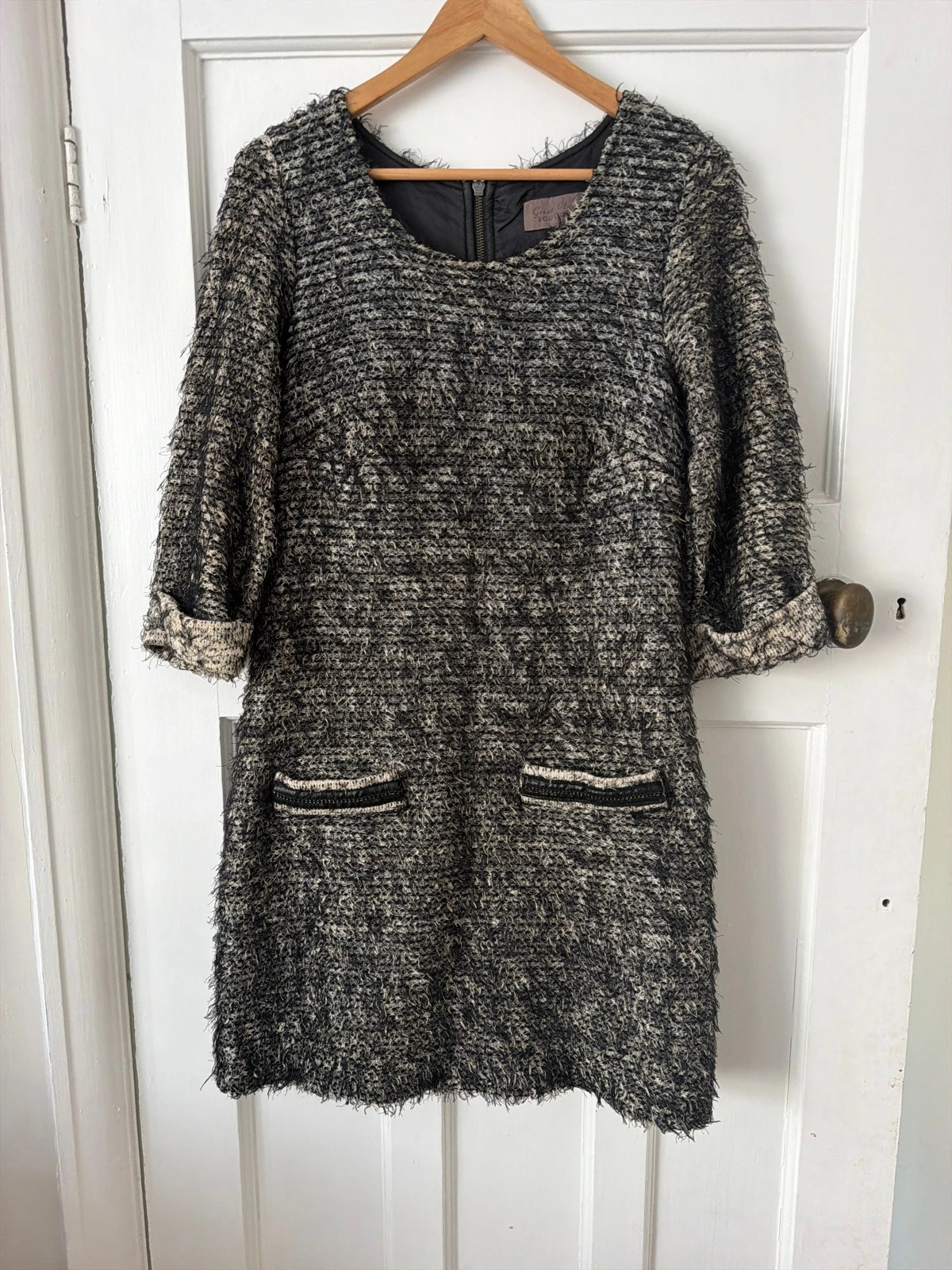 Great Plains Boutique Grey Textured Bouclé Shift Dress Size M | Quiet Luxury