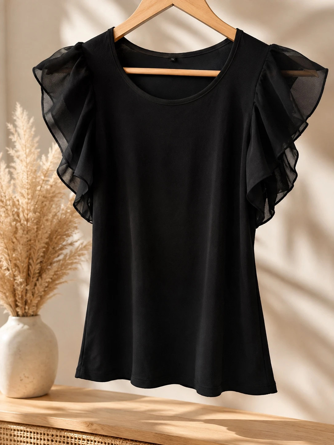 River Island Black Sheer Flutter Sleeve Top – Size 10