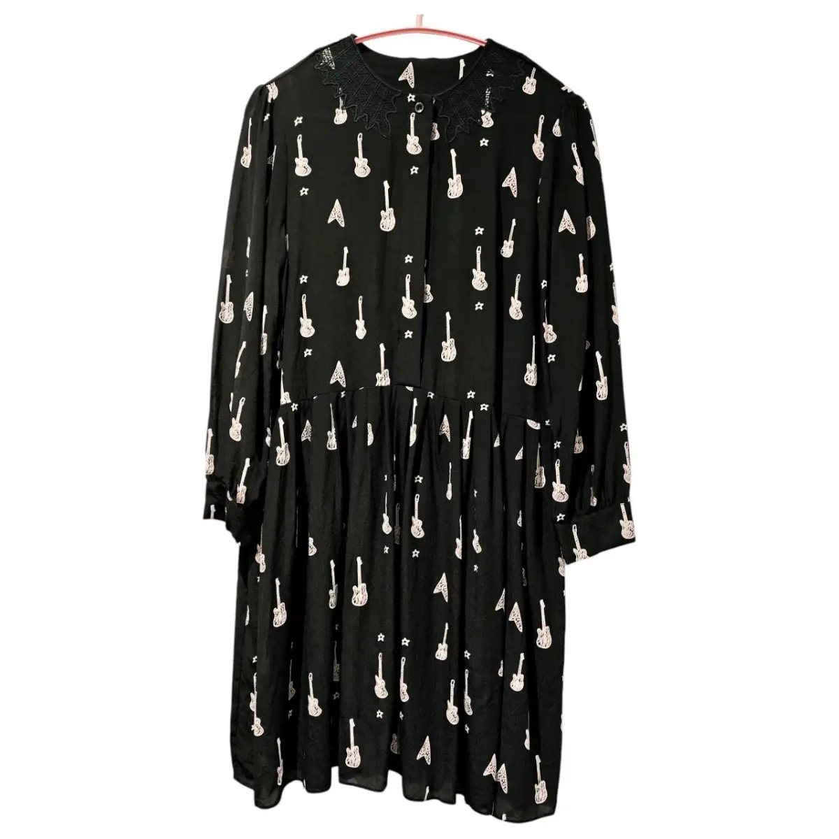 Vintage Pure Silk Black White Guitar Print Dress Lace Collar UK 8–10 Boho Indie