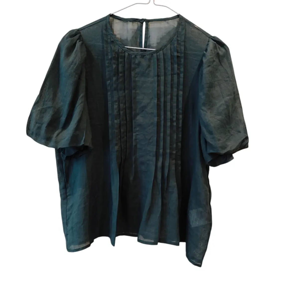 Dark Green Linen Ramie Pleated Blouse – Puff Sleeve – UK 8–10