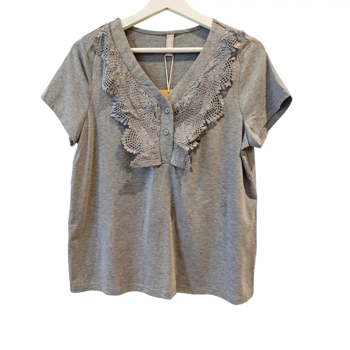 Pure Cotton Grey Lace Trim Blouse UK 10–12 | Feminine Short Sleeve Top | BNWT