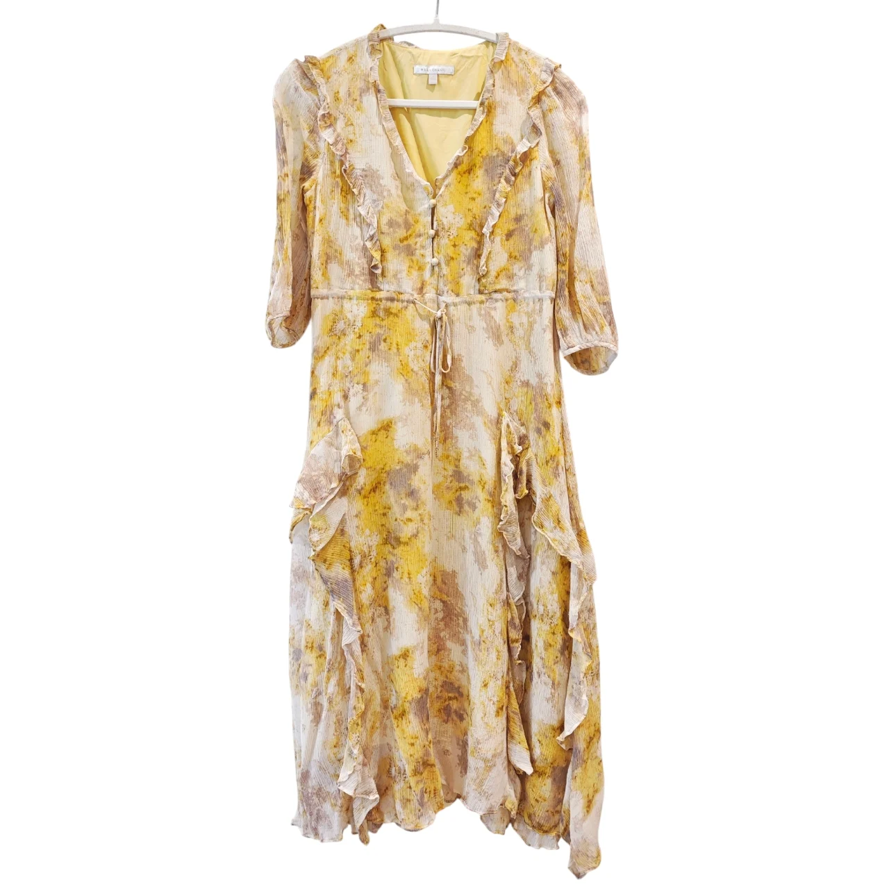 Vintage 100% Mulberry Silk Yellow Beige Floral Ruffle Midi Dress UK 8–10