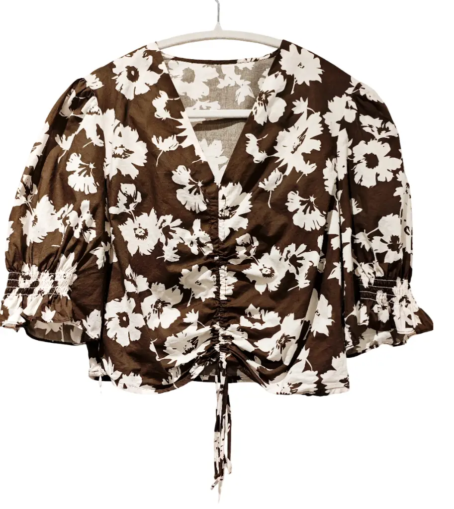 Brown White Floral Tie Front Crop Blouse 100% Cotton UK 10-12 Boho Cottagecore