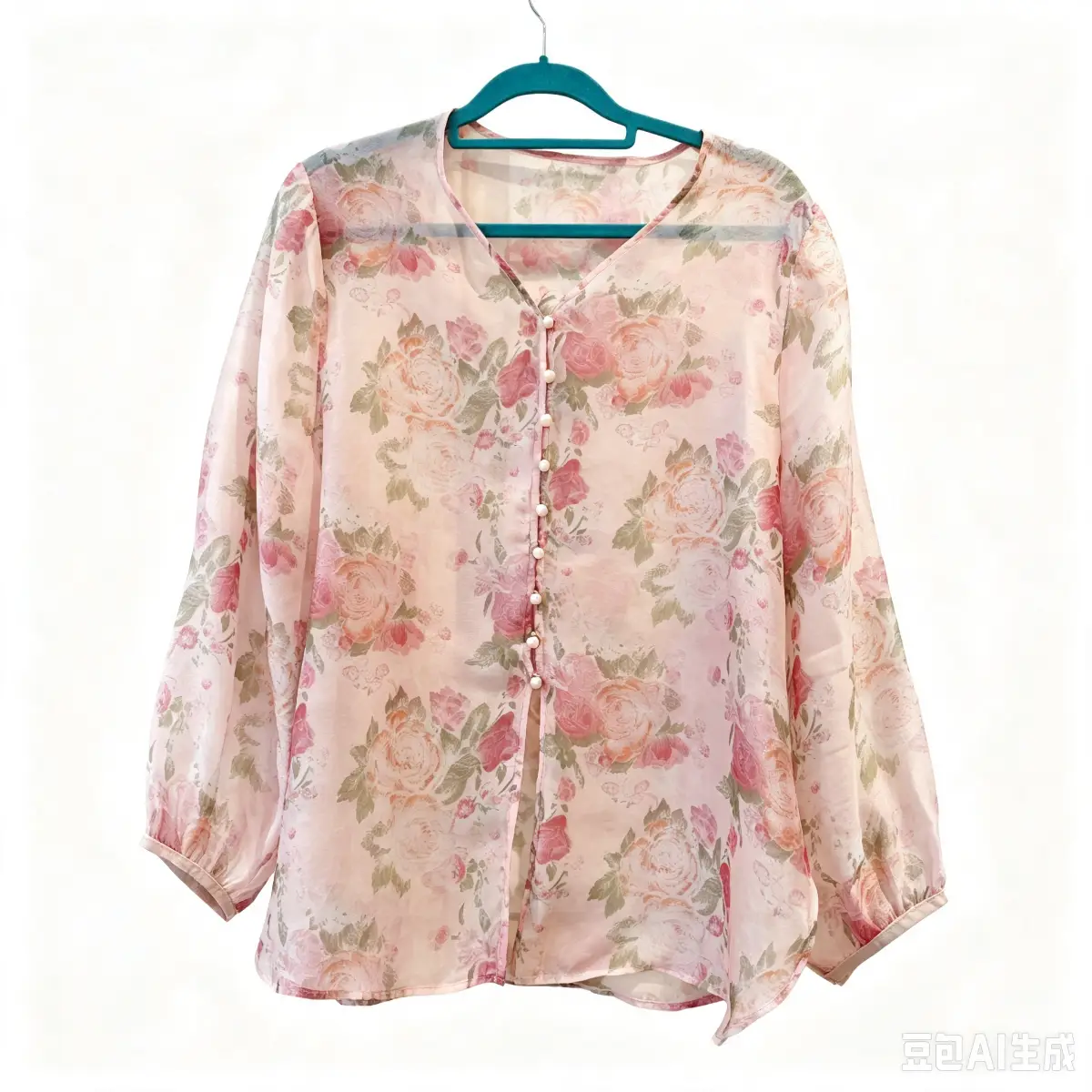 Pink Floral Sheer Mesh Blouse UK 12 Button Front 3/4 Sleeve Lightweight Summer Top