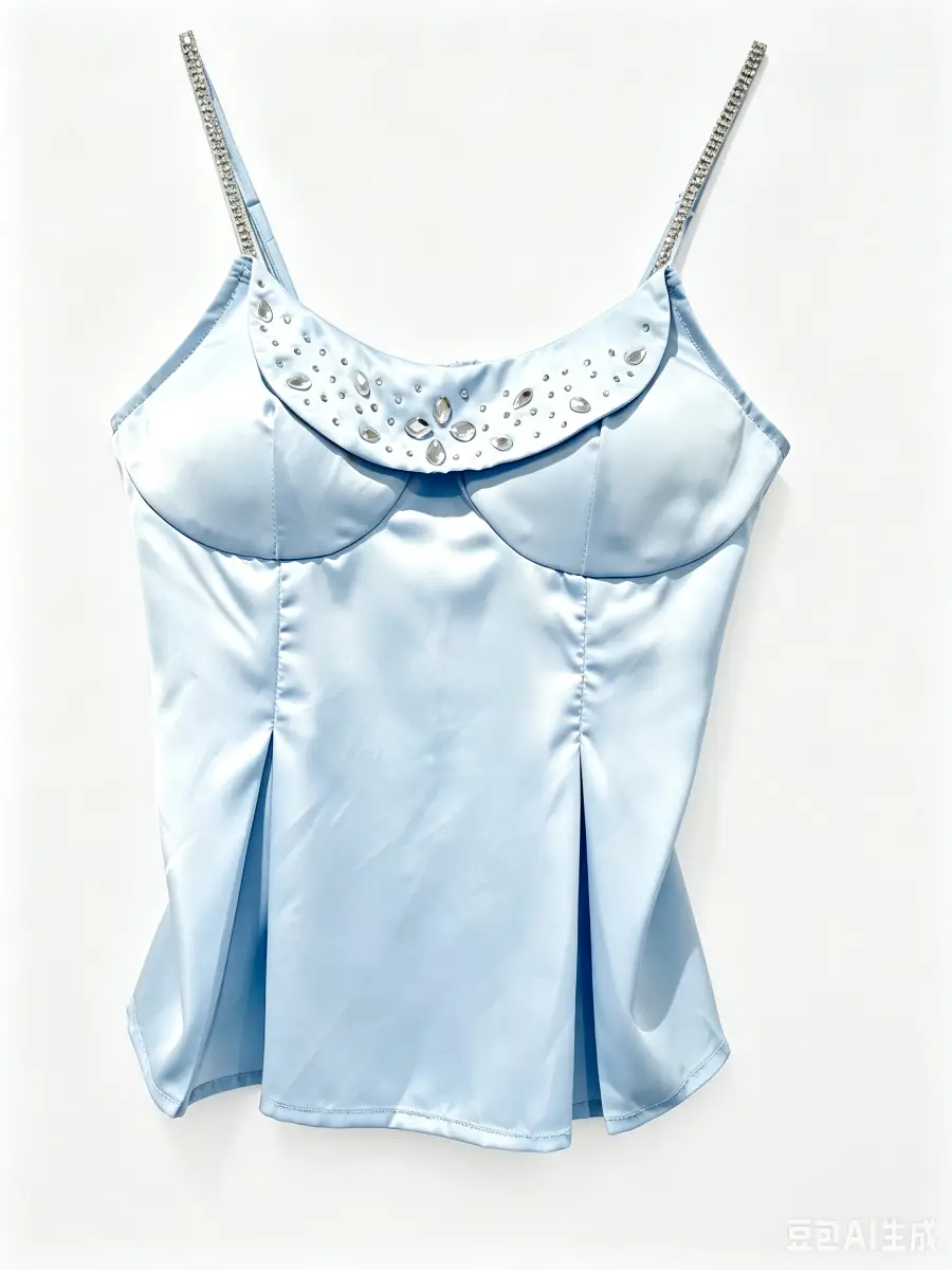 Women's Light Blue Satin Cami Top Silver Beaded Rhinestone Straps UK 6-8 New