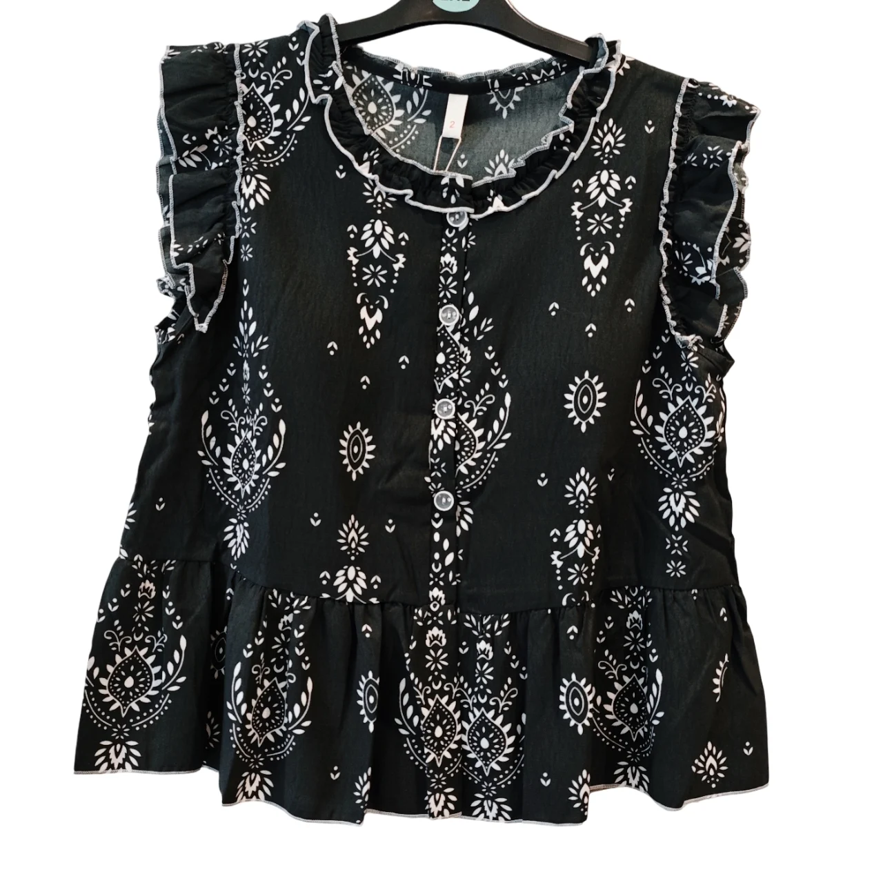 Women’s Black White Paisley Ruffle Cotton Blouse Internal Bra UK 8-10 New