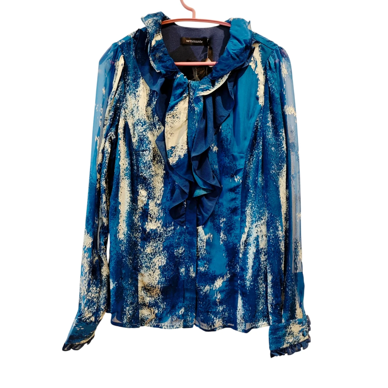 Bershka Silk Blue & White Abstract Print Ruffle Blouse UK 6 New With Tags