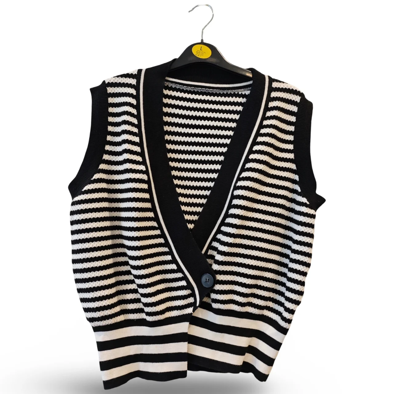 Black White Striped Knit Vest Button Detail Sleeveless UK 10-12 New