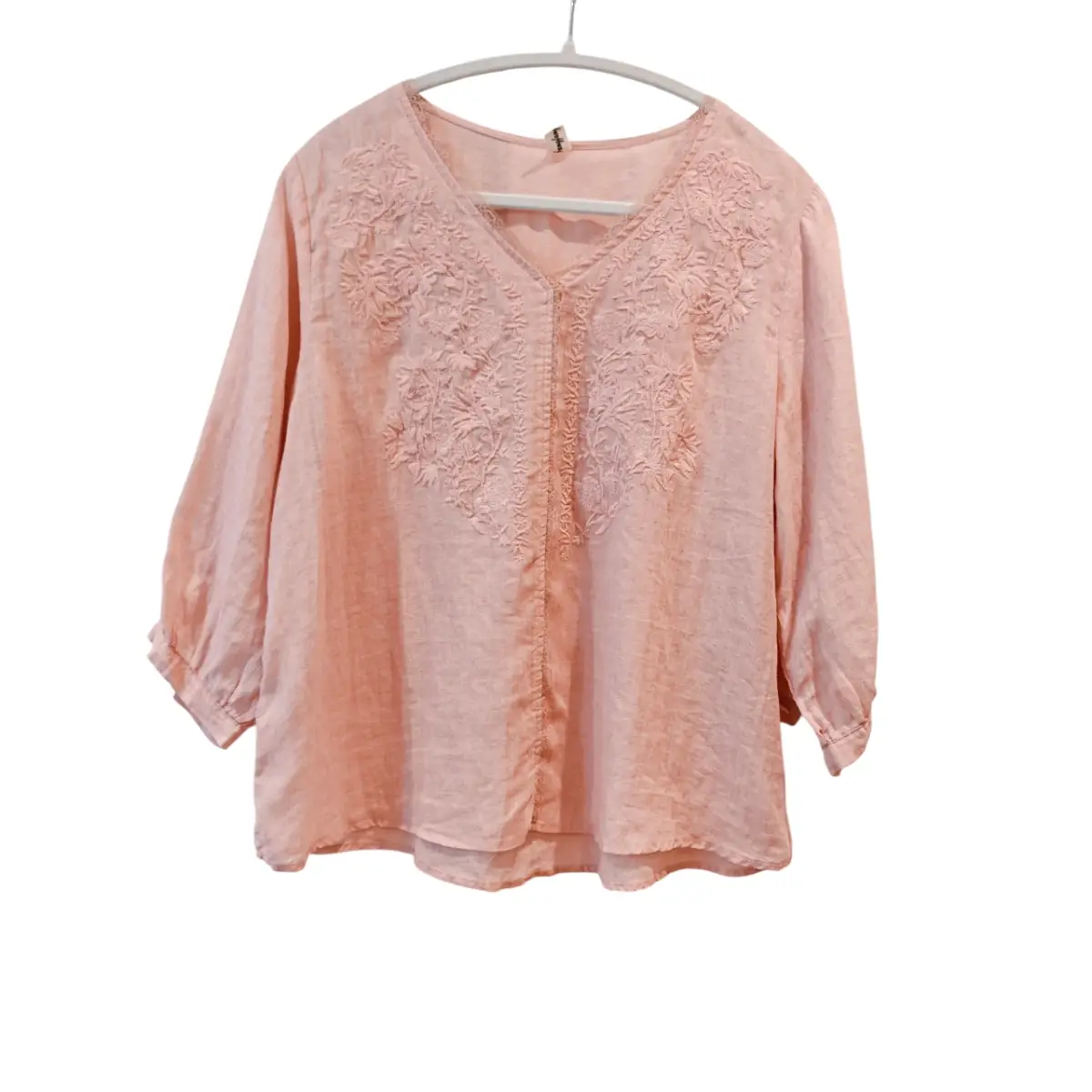 Rose Pink Ramie Linen Floral Embroidered Blouse 3/4 Sleeve UK 10–12