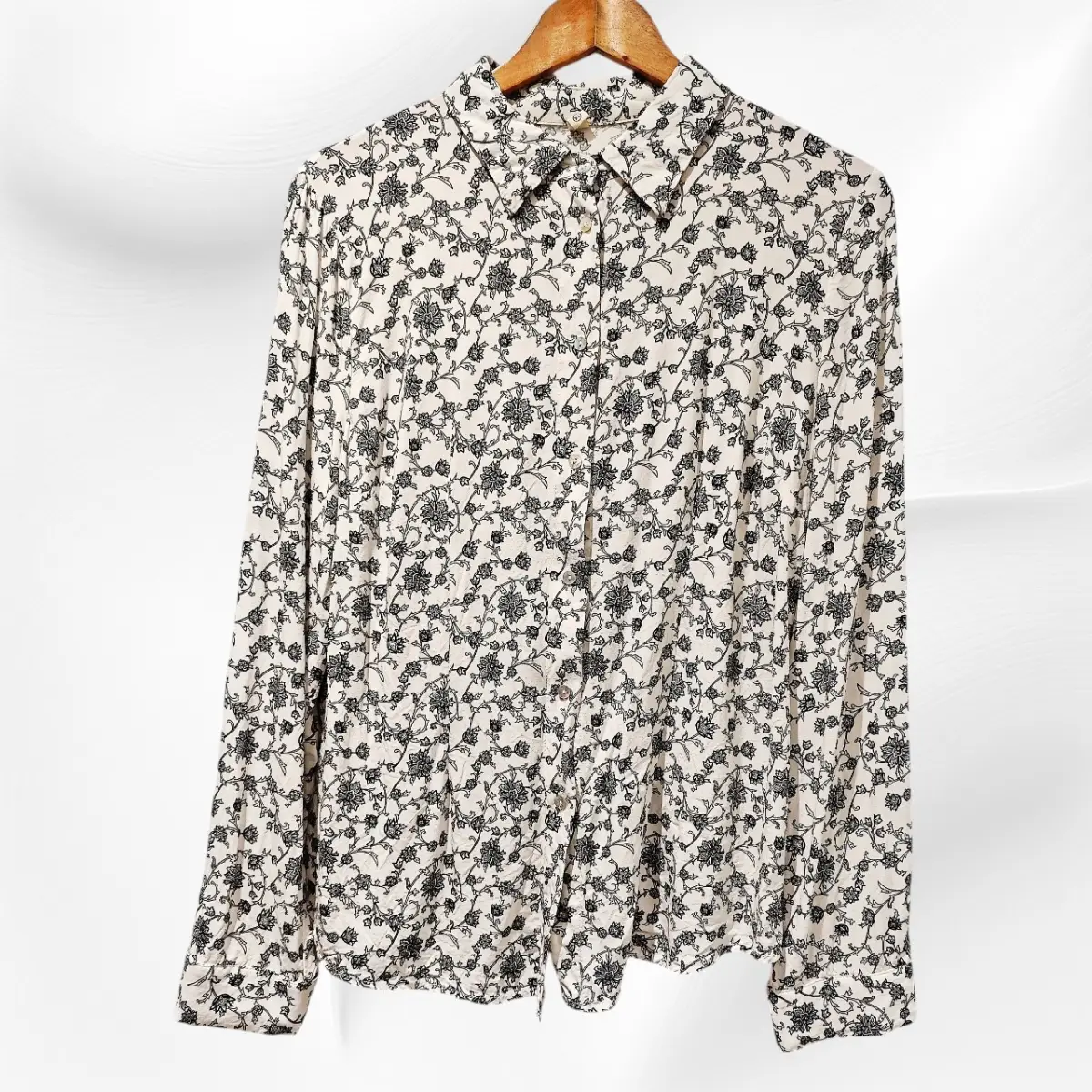 Black White Floral Print 100% Viscose Long Sleeve Shirt Blouse UK 10–12 Soft