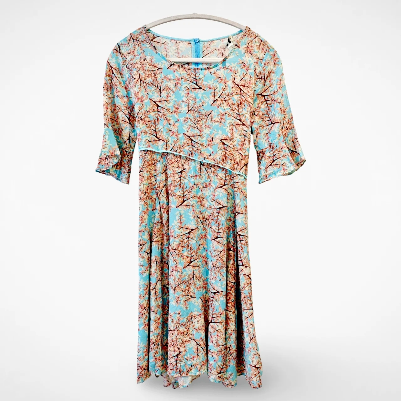 100% Mulberry Silk Blue Cherry Blossom Dress UK 6-8 Vintage Floral Belted
