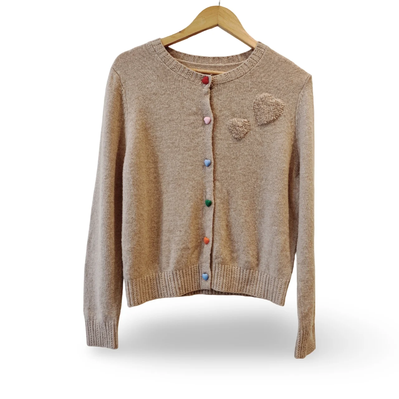 100% Cashmere Tan Heart Knitted Cardigan Women's UK 8–10