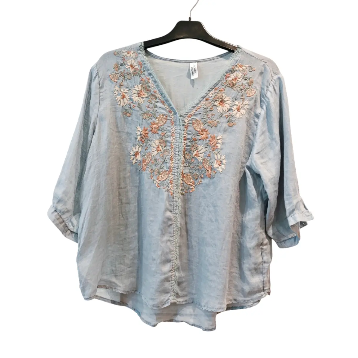 Blue Ramie/Linen Embroidered Blouse | UK 10-12