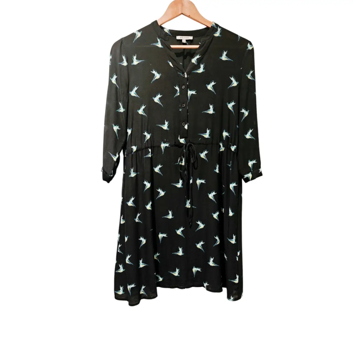 100% Mulberry Silk Black White Bird Print Midi Dress UK 8-10 Vintage 3/4 Sleeve