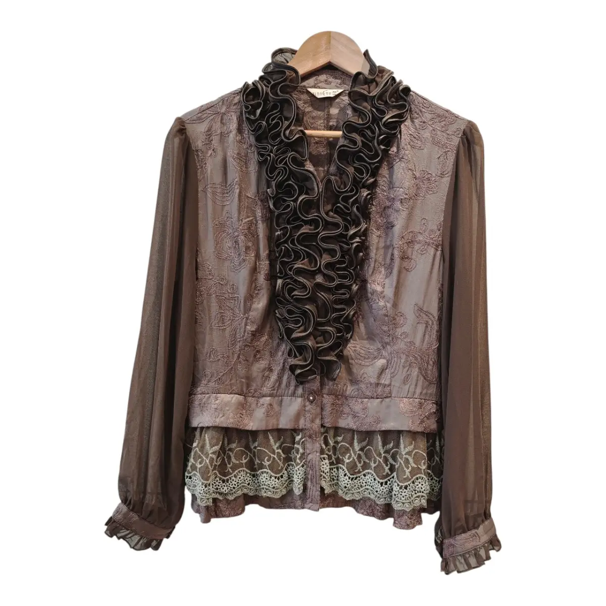 Vintage Brown Ruffle Blouse Lace Floral Embroidery Sheer Sleeve UK 8-10