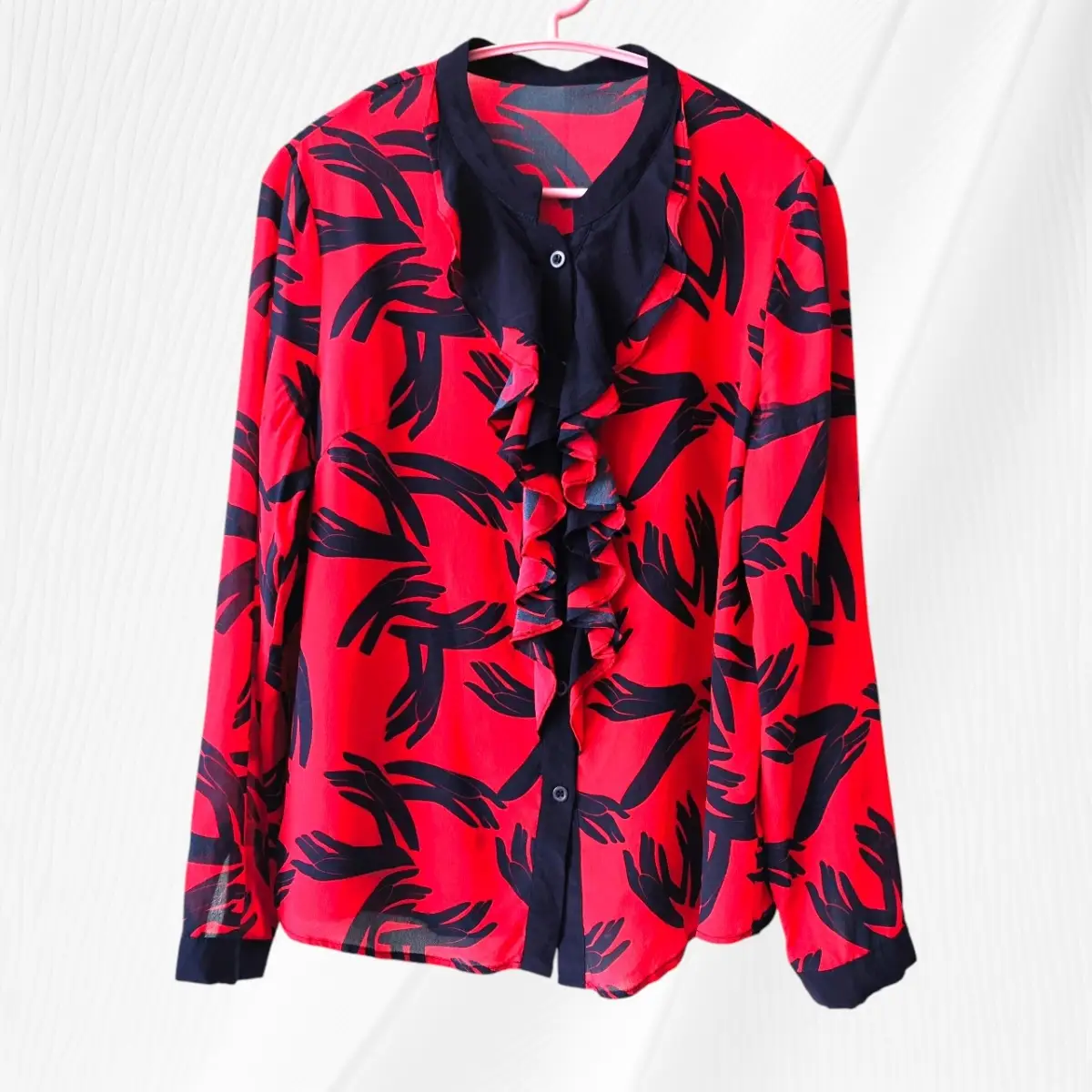Vintage Mulberry Silk Red & Black Ruffle Tie Neck Blouse UK 8–10 Long Sleeve