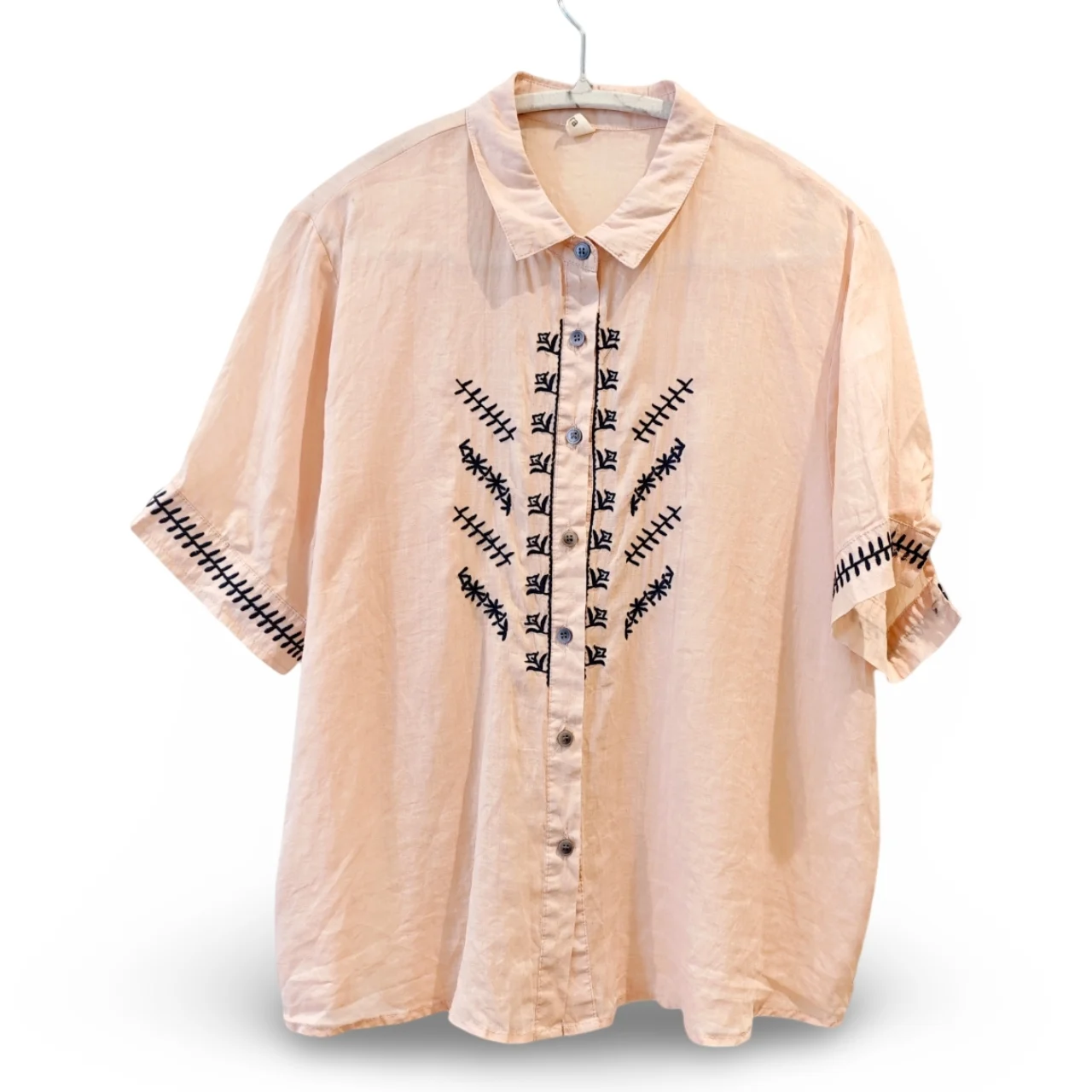 Ramie/Linen Rose Pink Embroidered Button-Up Shirt | UK 10–12