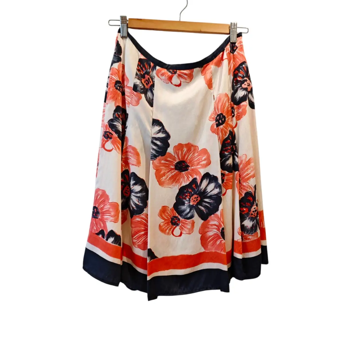 Pure Silk Cream & Pink Floral A-Line Midi Skirt | Vintage | UK 8-10