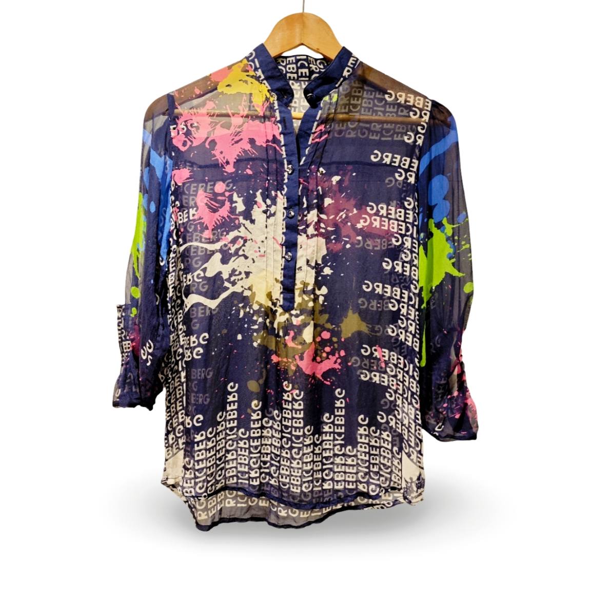 Vintage 100% Mulberry Silk Sheer Shirt Navy Graphic Y2K Blouse UK 8-10