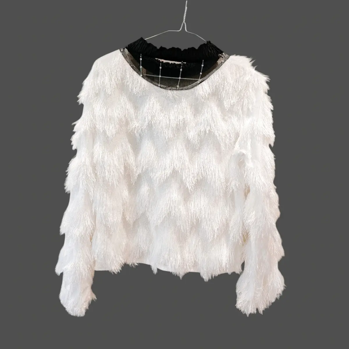 White Faux Fur Sweater Black Ruffle Collar Silver Beaded Jumper UK 8-10