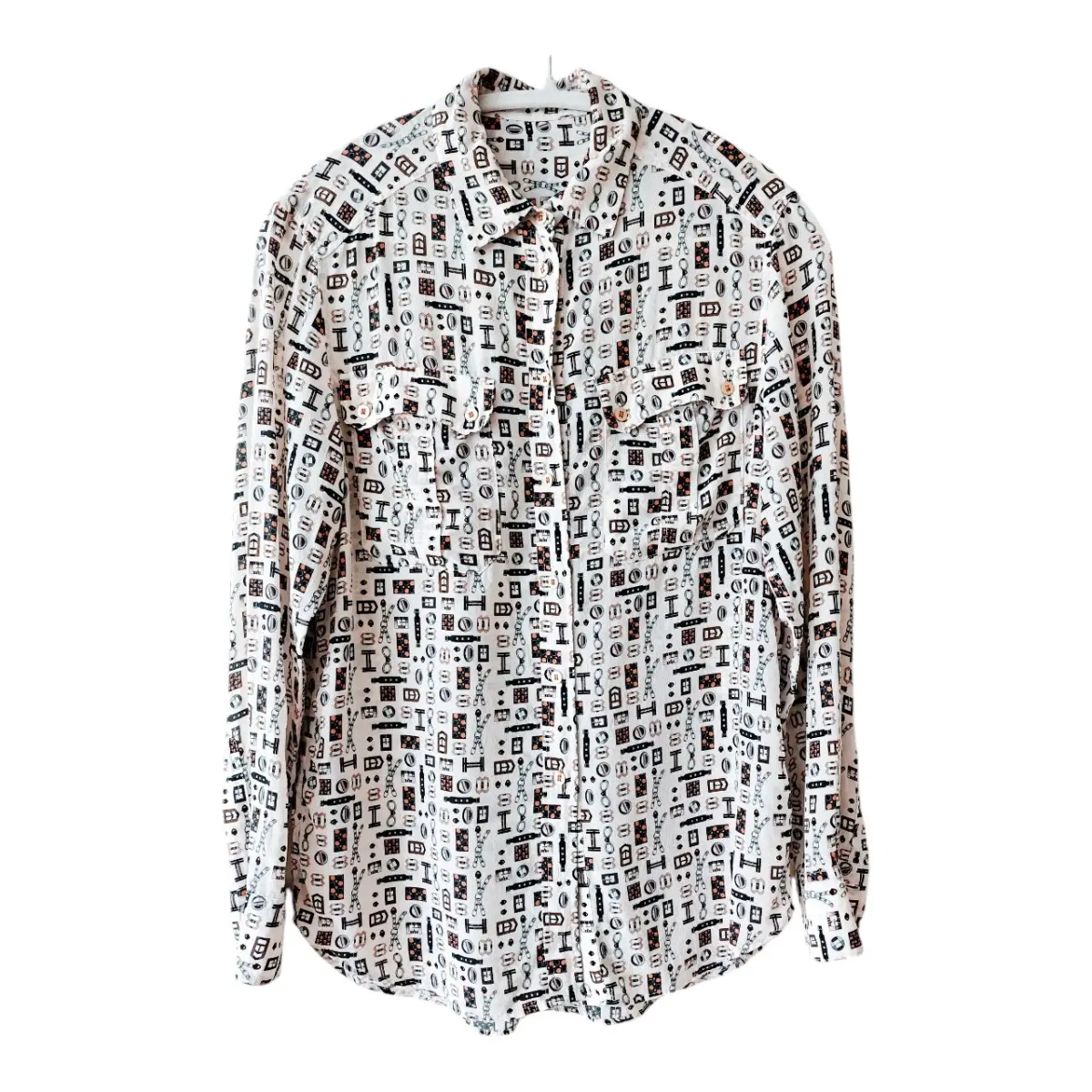 Vintage Mulberry Silk White & Black Patterned Button-Up Shirt – UK 10–12