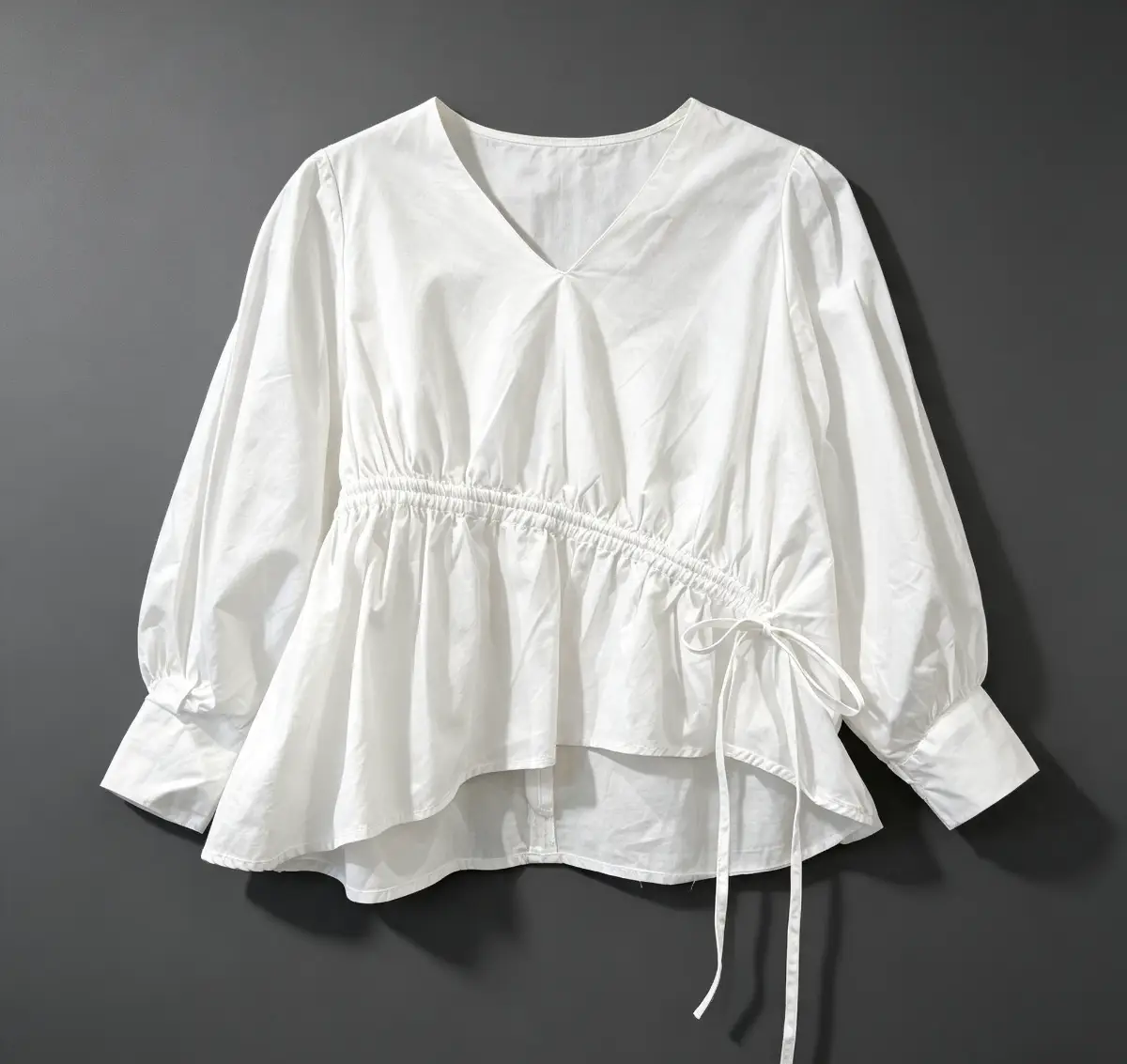 Pure Cotton White Tie Waist Blouse UK 6-8 Peplum Top Back Zip