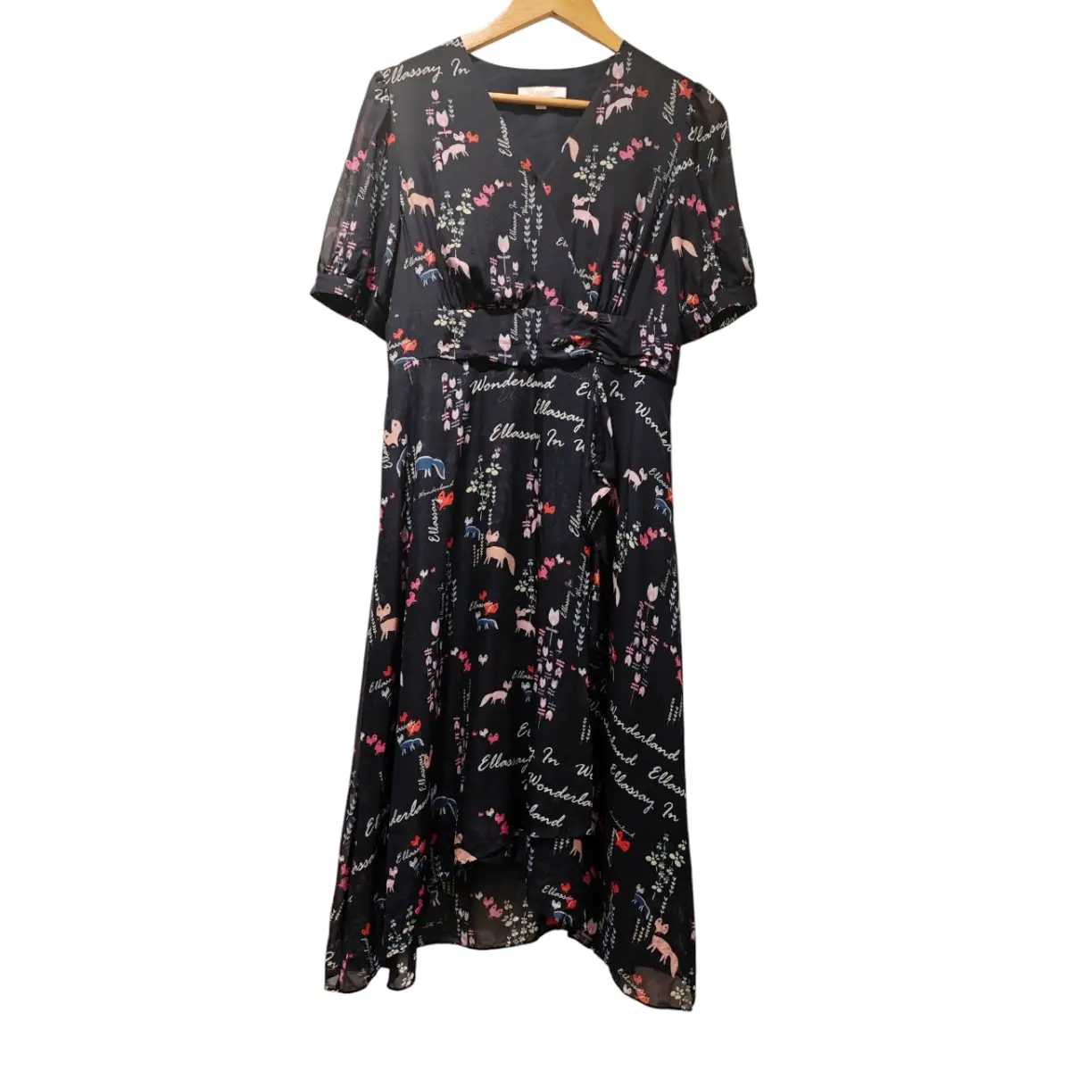 100% Mulberry Silk Navy Blue Pink Floral Wrap Midi Dress UK 8-10 Vintage