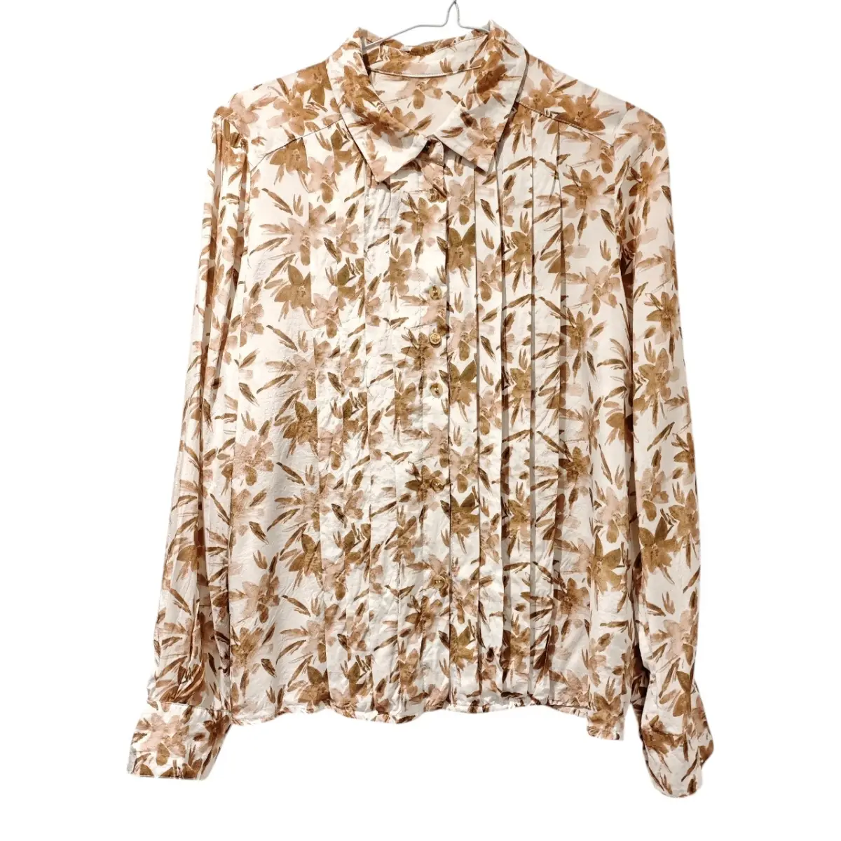 Brown Floral Print 100% Viscose Blouse Long Sleeve Shirt UK 10 Soft Lightweight