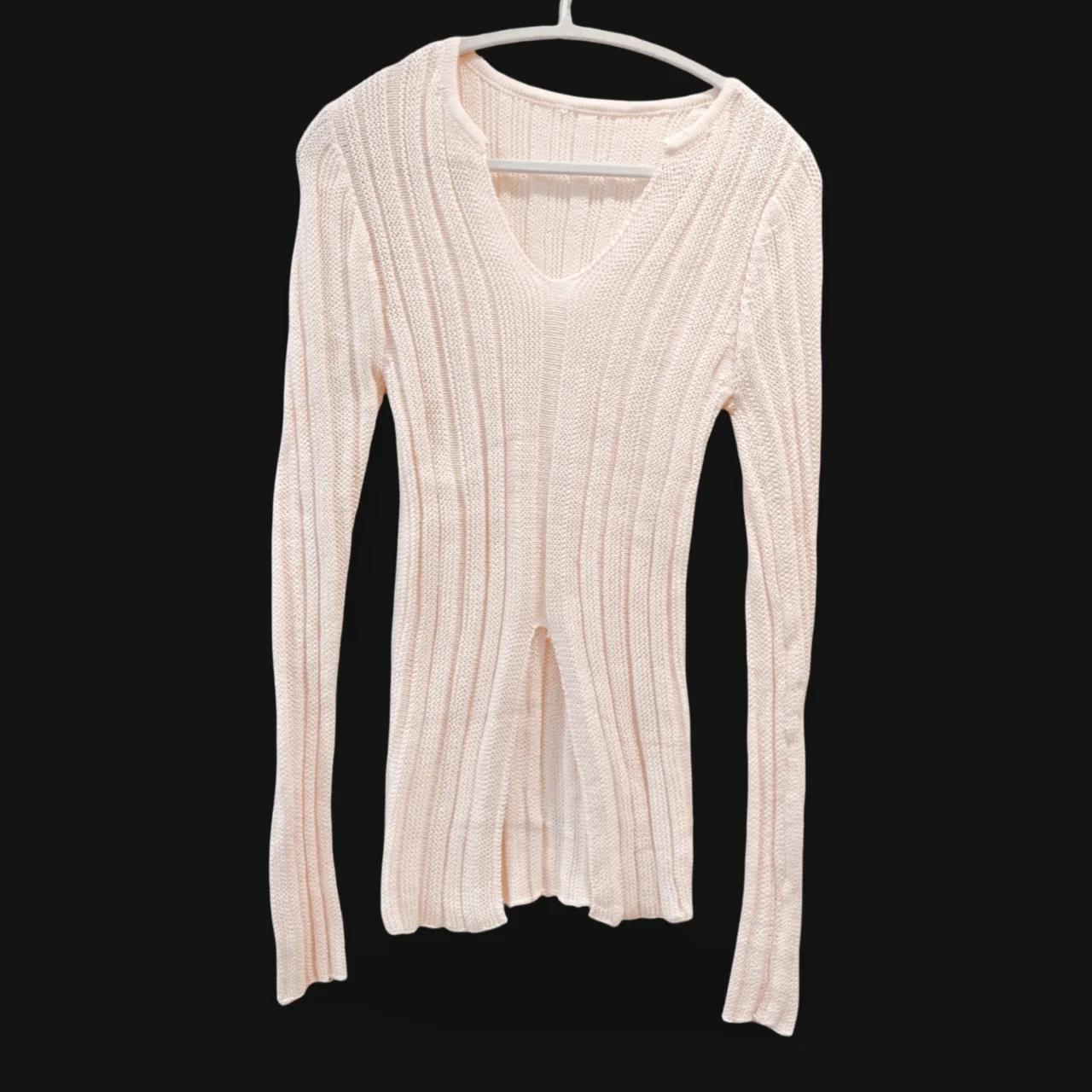 Cream Ribbed Knit Long Sleeve Top UK 6-8 Stretch Fit V Neck Cozy Jumper