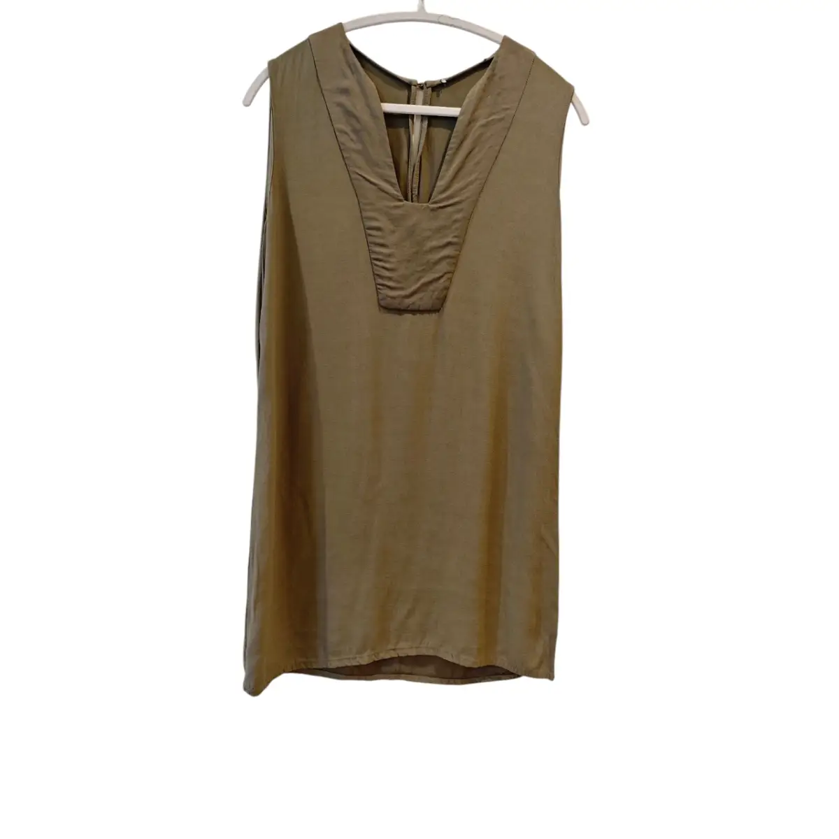 Silk Olive Green Linen Sleeveless Mini Dress UK 6-8 Vintage Minimalist