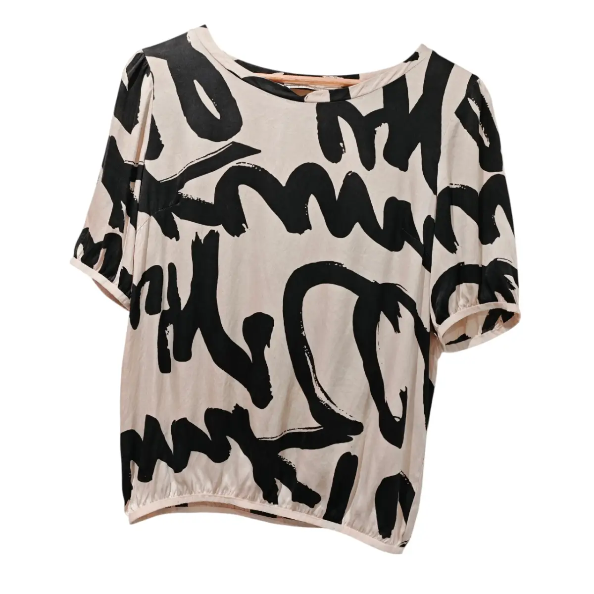 Vintage Black Abstract Brushstroke Print Beige Blouse UK 10–12 Minimalist Top