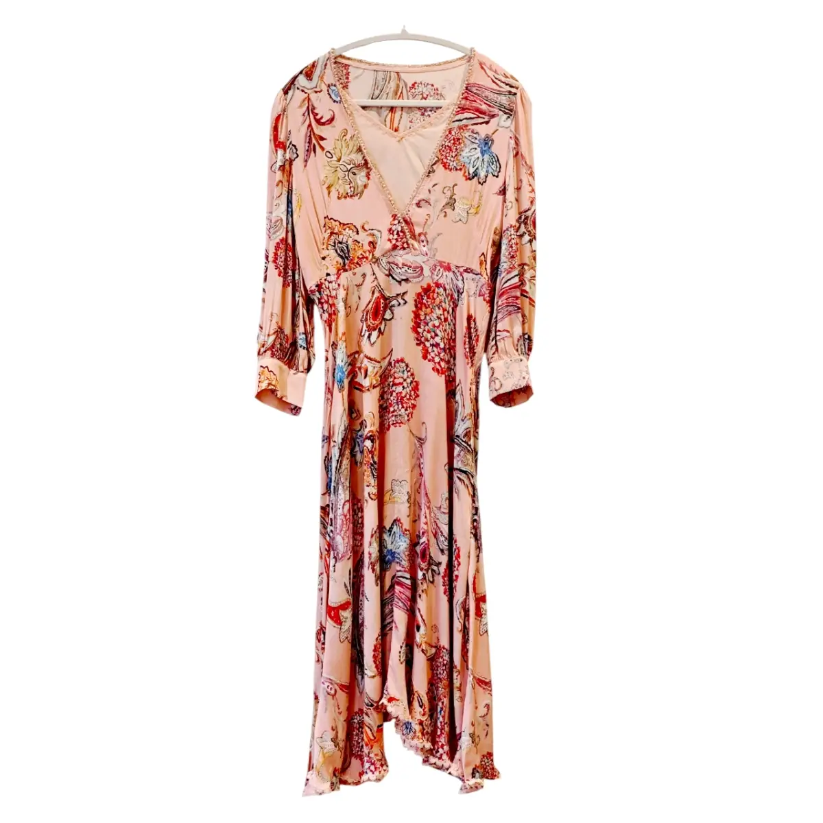 Pure Silk Pink Floral Maxi Dress UK 10-12 Long Sleeve Boho Vintage Stretch Waist