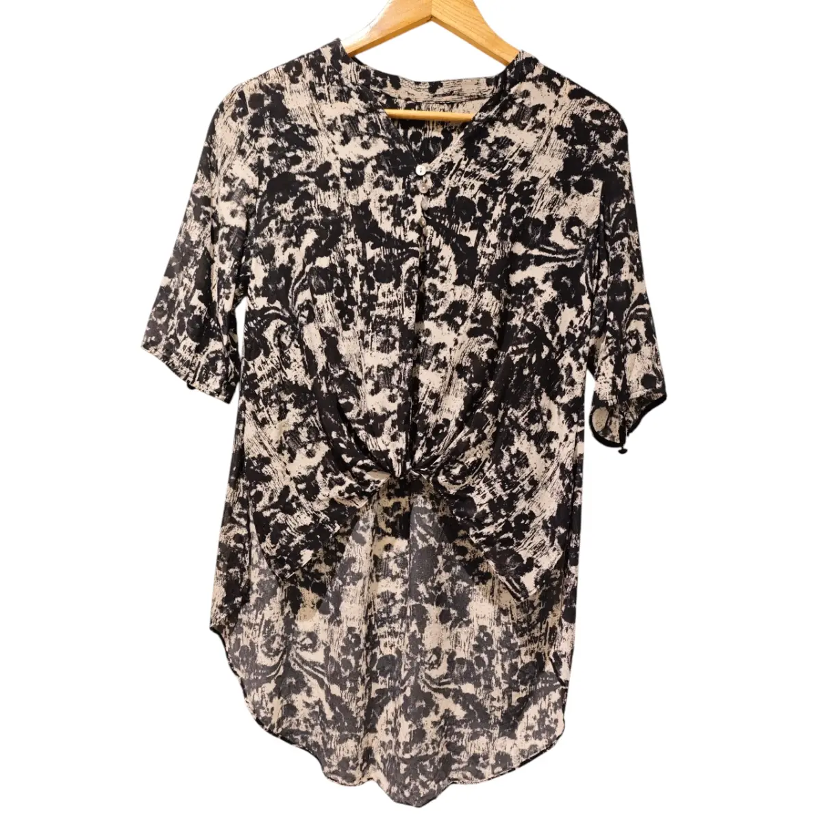 Mulberry Silk Black White Floral Print Tie Front Blouse UK 10–12 Vintage Summer Top