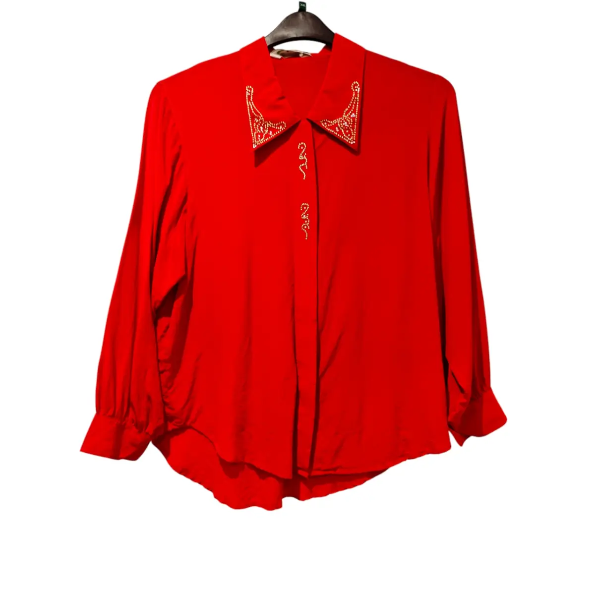 Vintage Red Mulberry Silk Western Shirt Gold Embroidered Collar UK 10–12