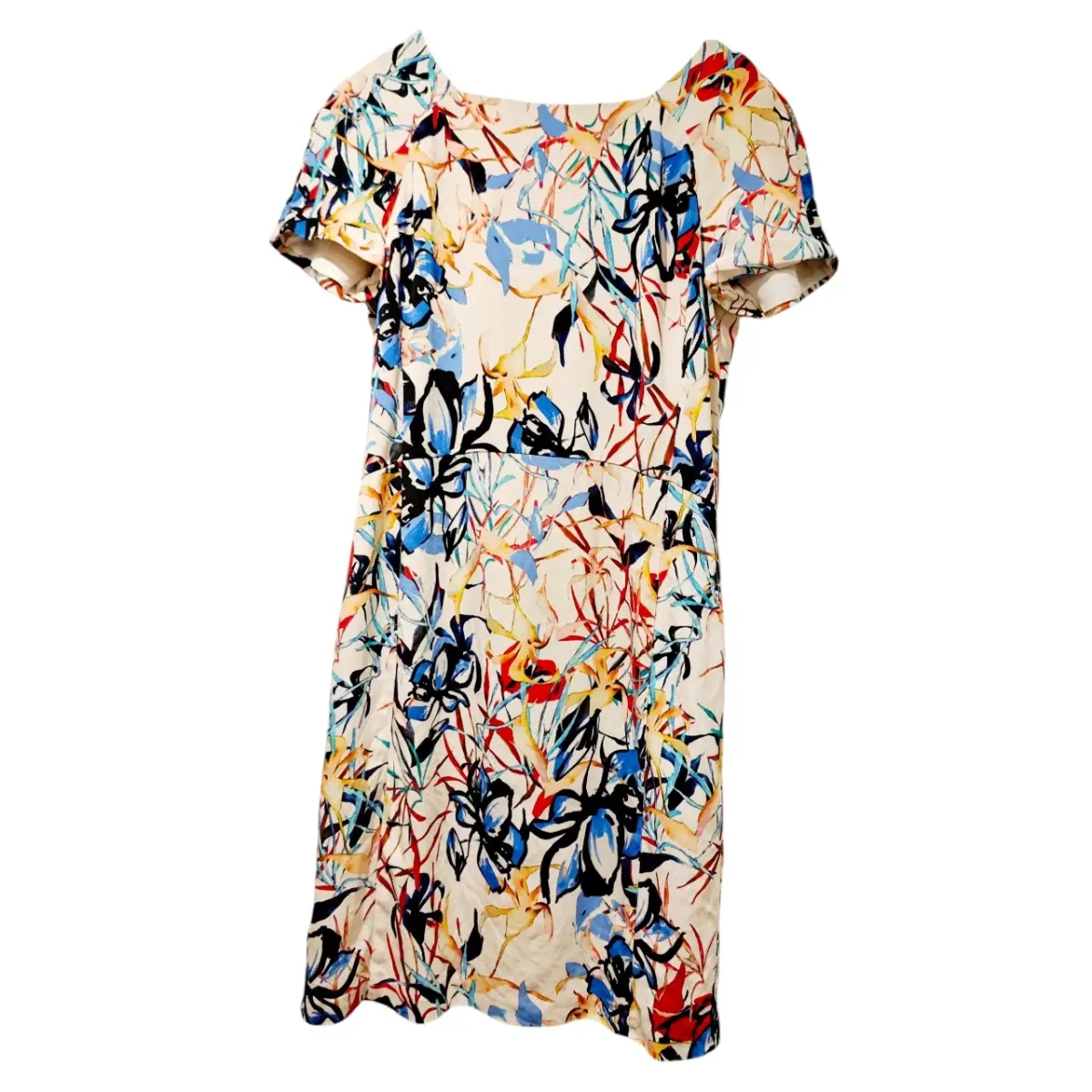 Vintage Pure Silk Multi-Coloured Floral Midi Dress UK 6–8 Blue Red Back Zip