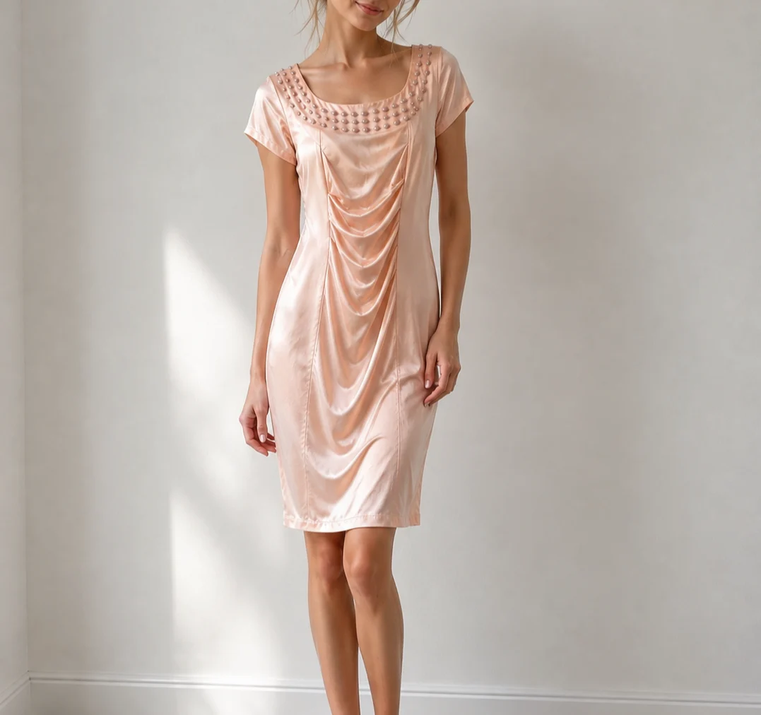 Pure Silk Rose Pink Rhinestone Draped Vintage Dress UK 6–8