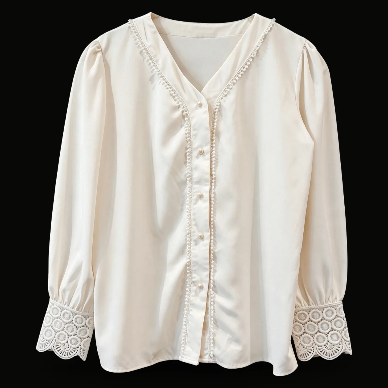 Cream Lace Trim Blouse Elegant Long Sleeve Top UK 8–10