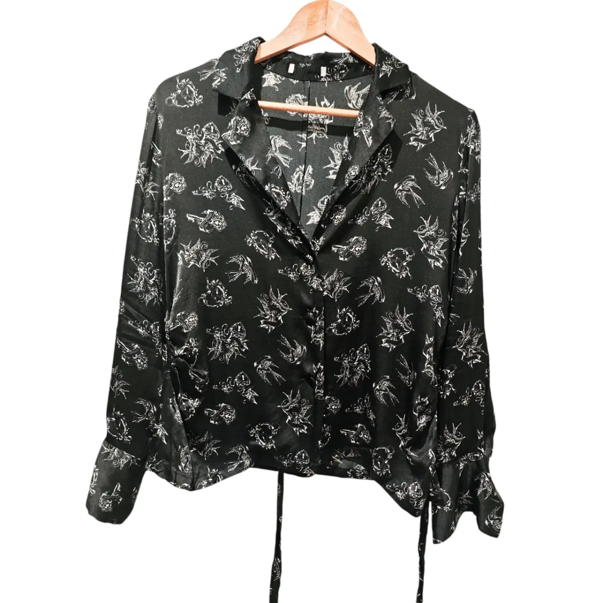 Vintage 100% Silk Black White Floral Tie Front Blouse Shirt UK 10–12