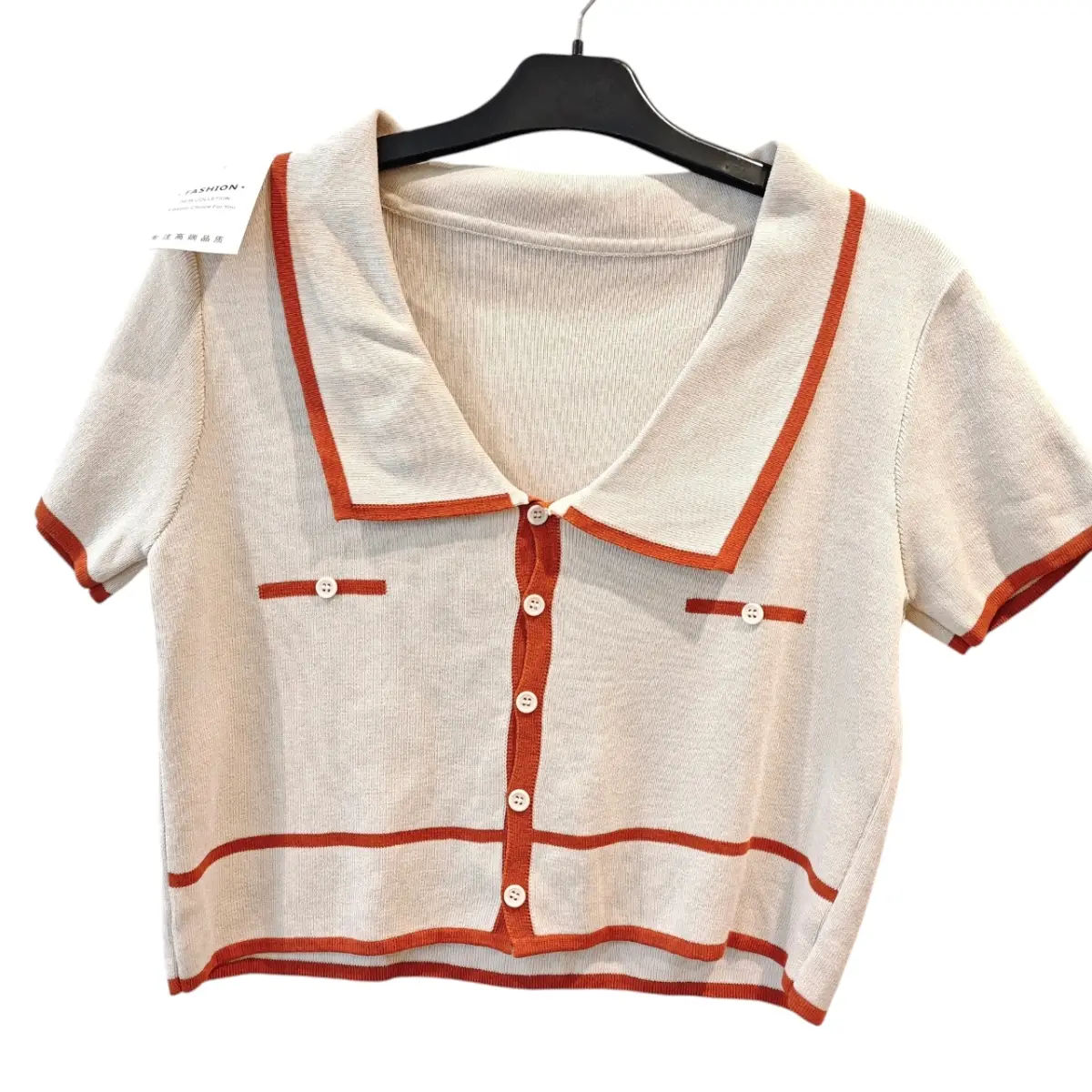 Cream & Orange Striped Knit Collared Crop Top | Preppy | UK 6-8